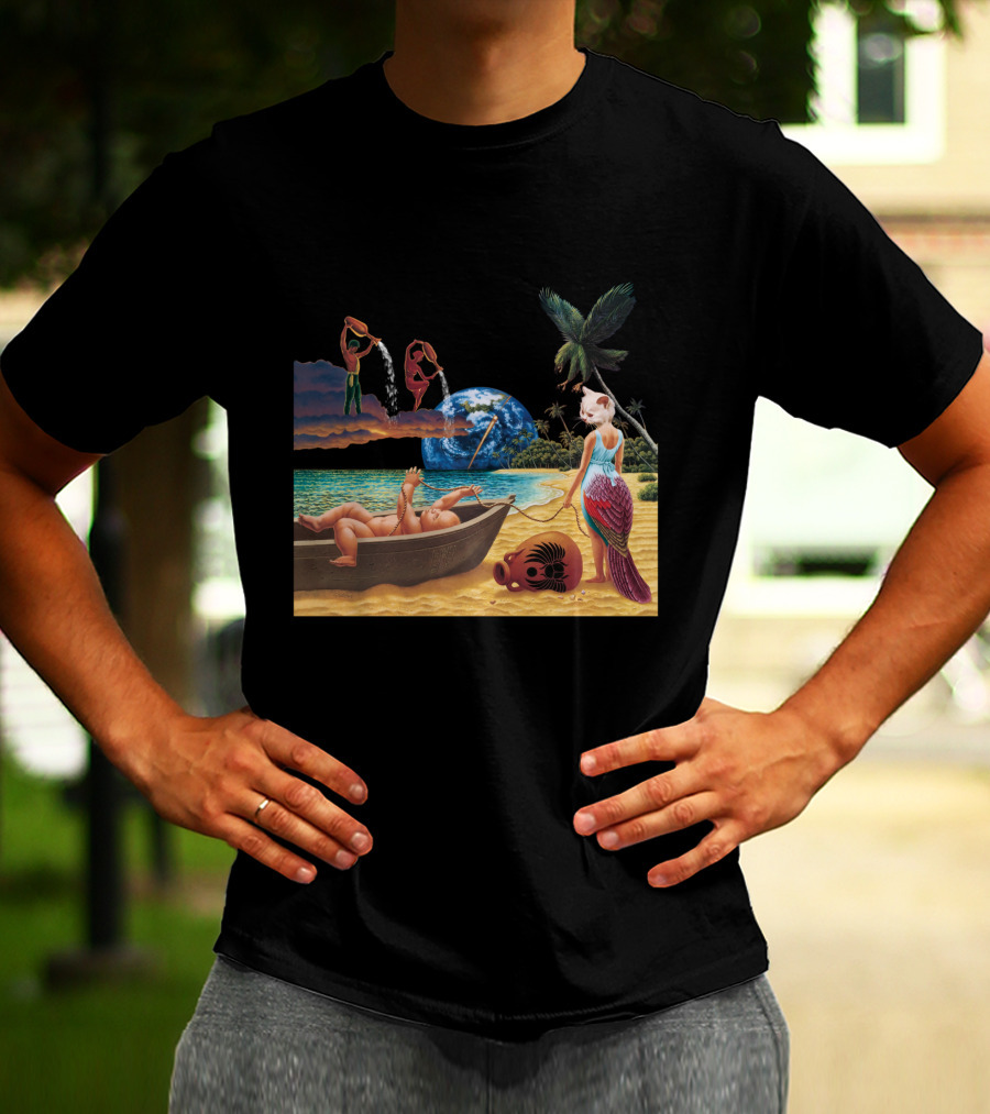 Cosmic Beach Scene With Mermaid And Planet Earth T-Shirt