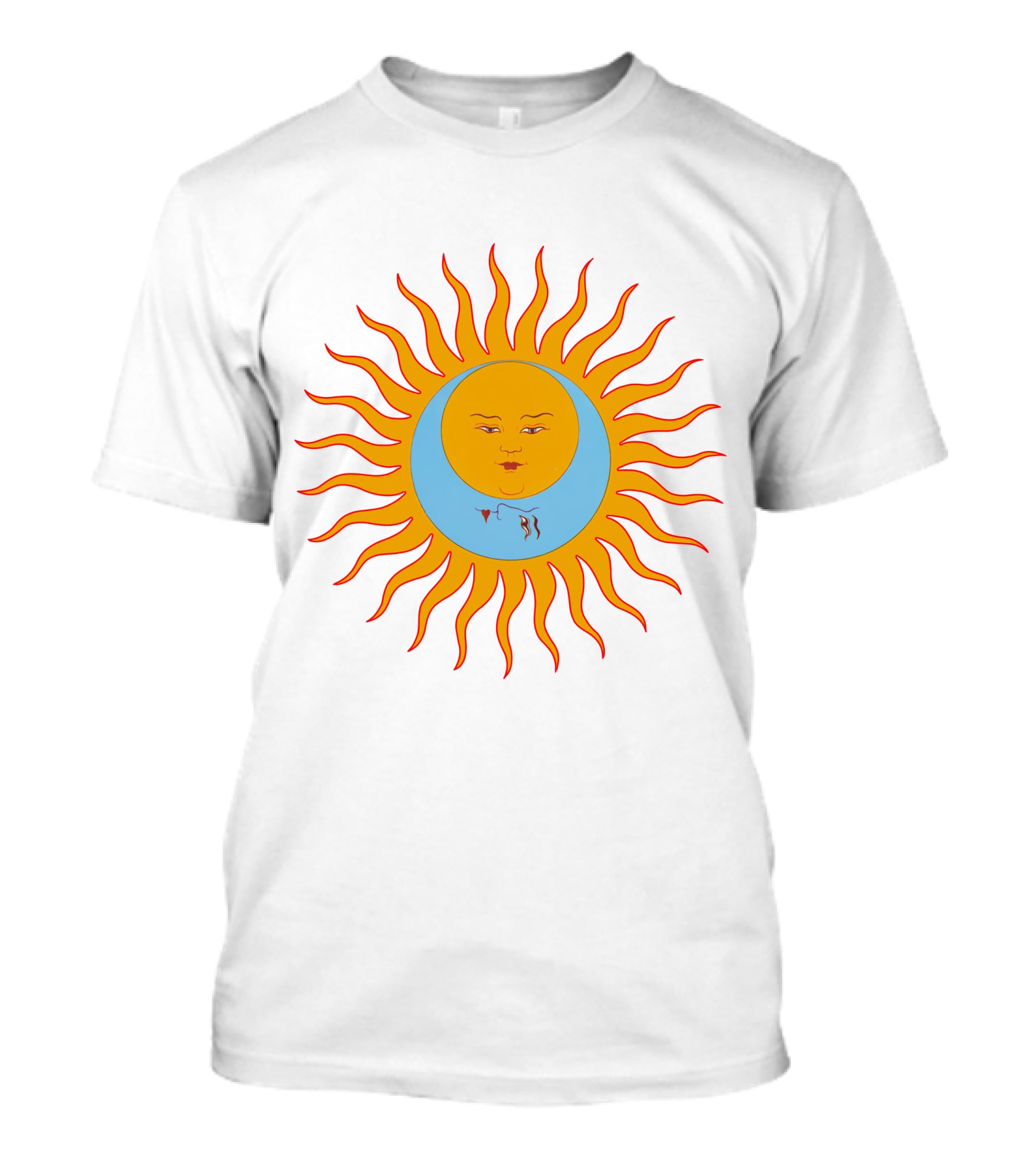 Crimson Red Sun Face Icon On Blue And Orange T-Shirt