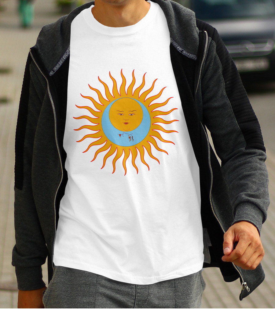 Crimson Red Sun Face Icon On Blue And Orange T-Shirt