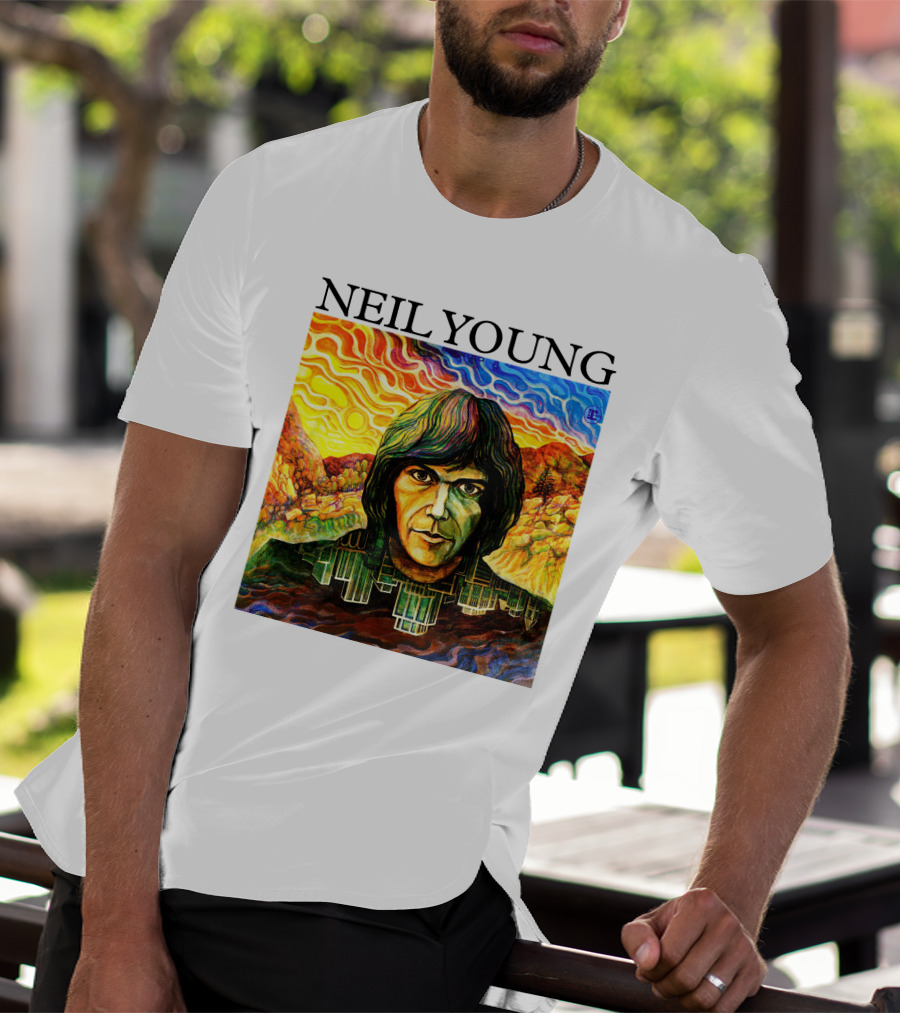 Neil Young Vibrant Portrait And Cityscape Fusion T-Shirt