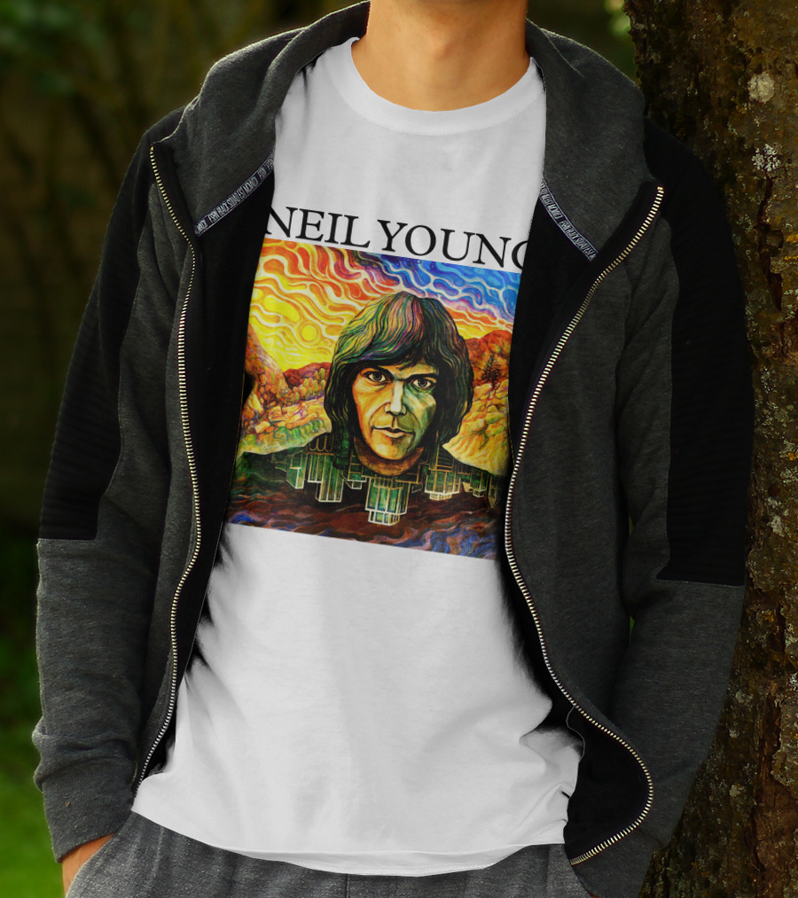 Neil Young Vibrant Portrait And Cityscape Fusion T-Shirt