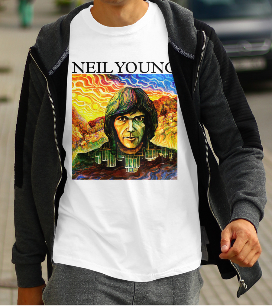 Neil Young Vibrant Portrait And Cityscape Fusion T-Shirt