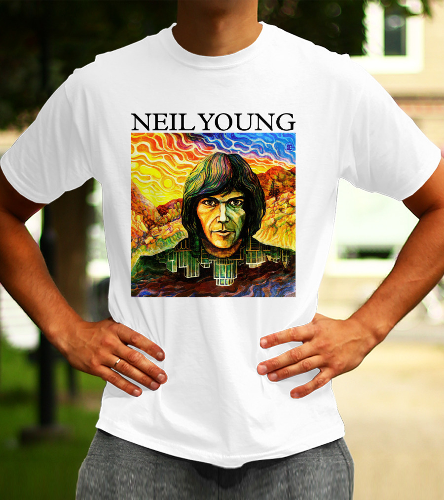 Neil Young Vibrant Portrait And Cityscape Fusion T-Shirt