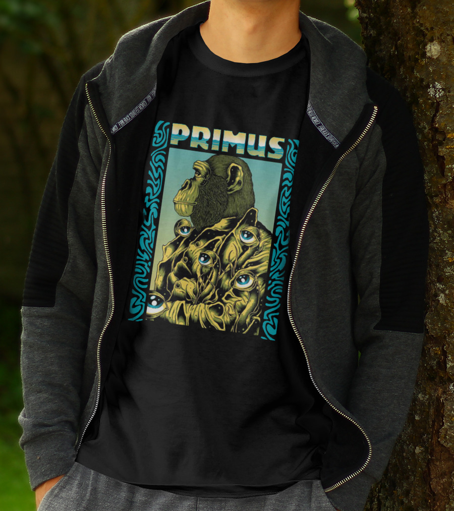 Primus Surrealist Monkey With Eyes And Tribal Border T-Shirt