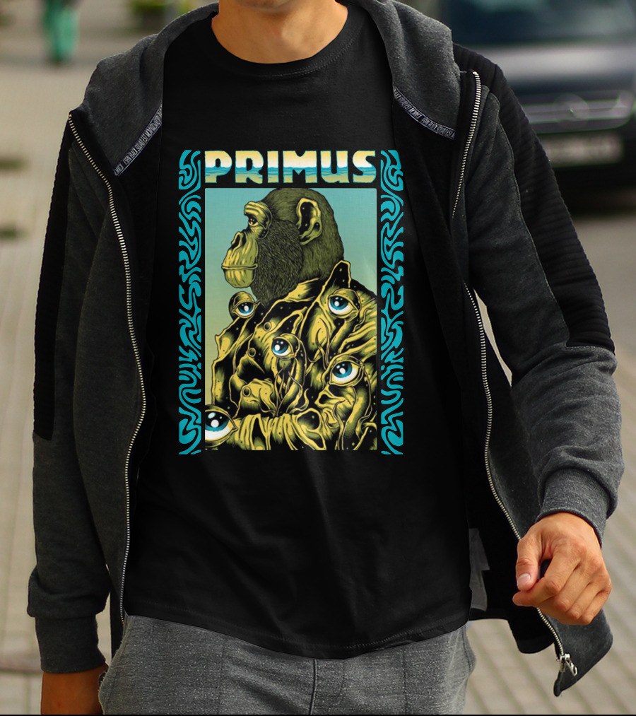 Primus Surrealist Monkey With Eyes And Tribal Border T-Shirt