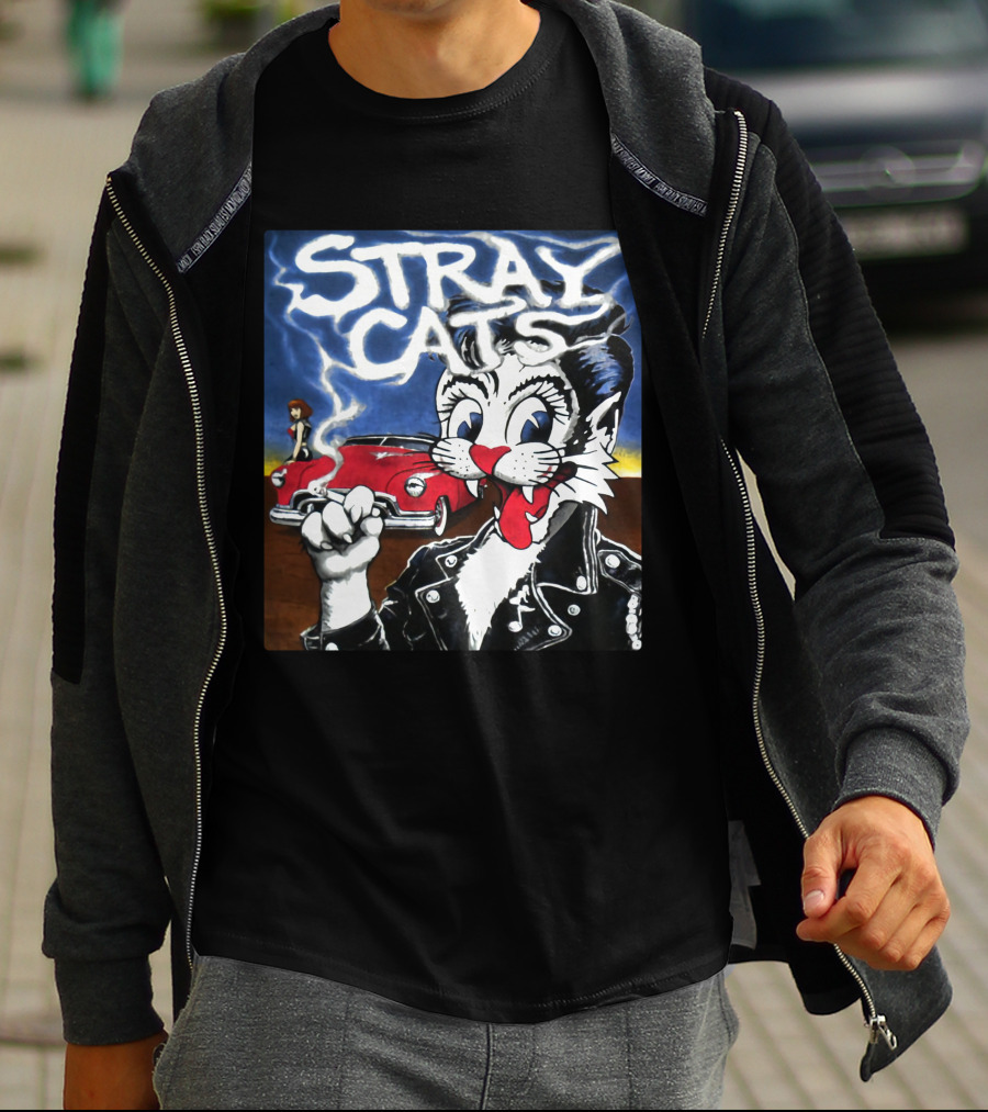 Stray Cats Rockabilly Cat And Classic Car Scene T-Shirt