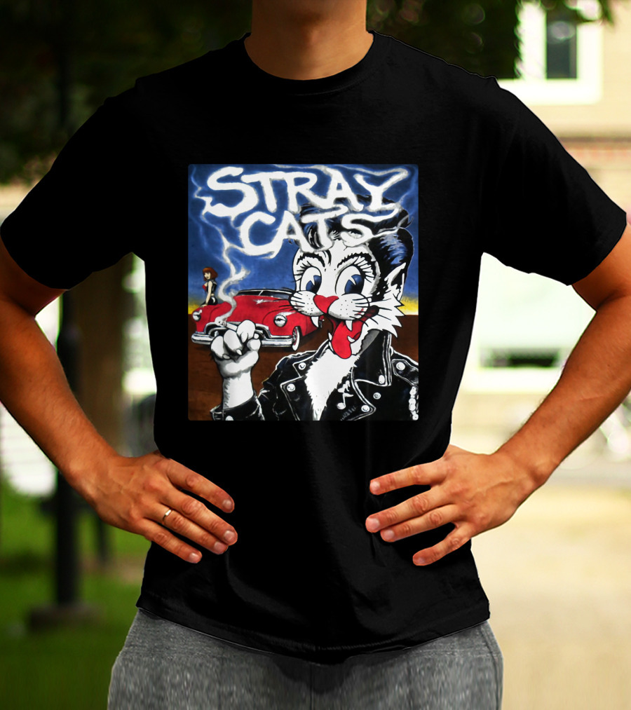 Stray Cats Rockabilly Cat And Classic Car Scene T-Shirt