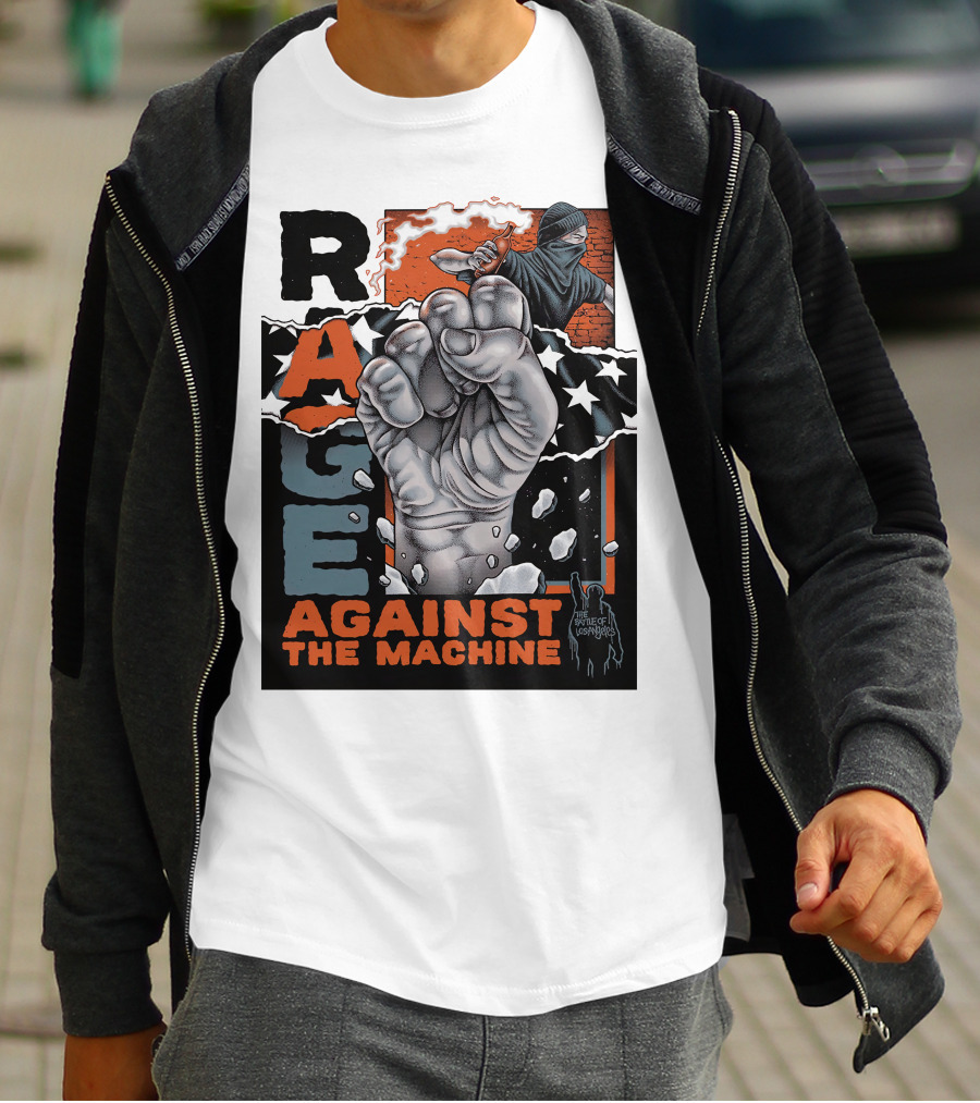 Rage Against The Machine Fist With Star Pattern And Hooded Figure T-Shirt