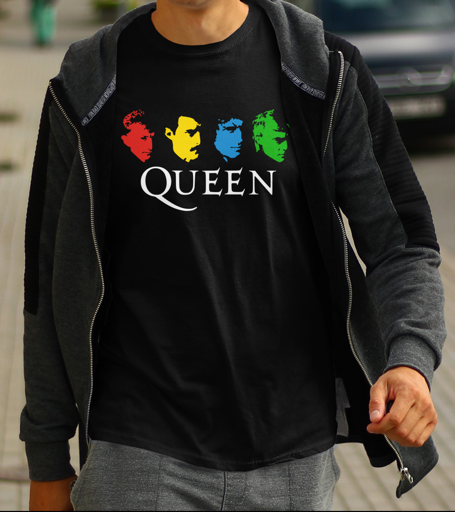 Queen Band Colorful Faces On Black T-Shirt