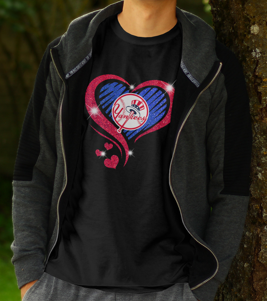 Yankees Shimmering Heart Design With Baseball Logo And Sparkling Red And Blue Elements T-Shirt