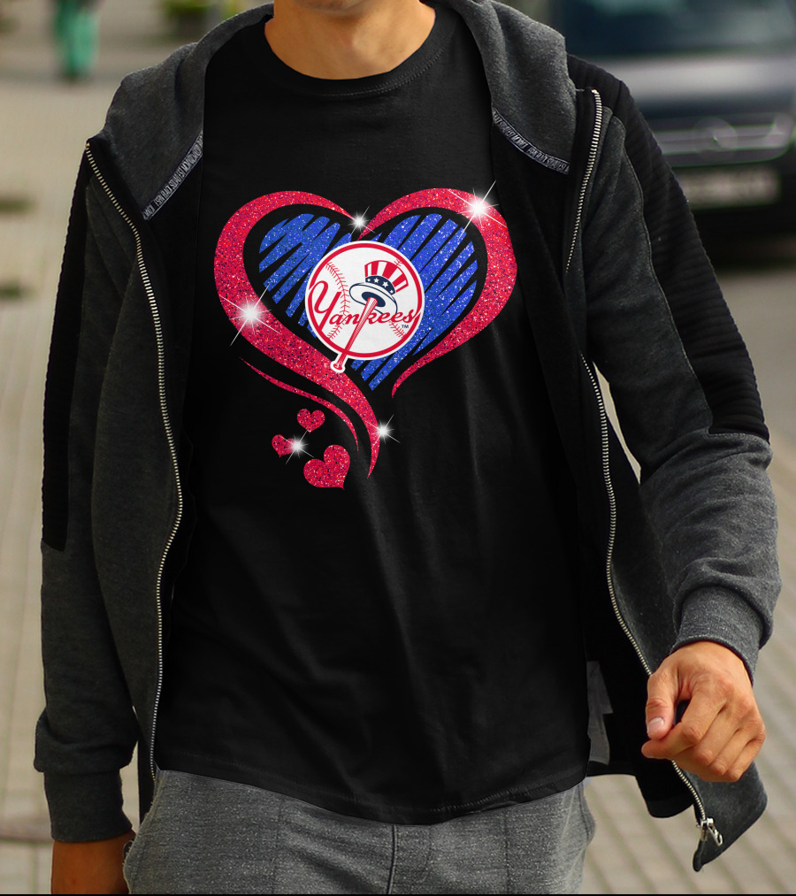Yankees Shimmering Heart Design With Baseball Logo And Sparkling Red And Blue Elements T-Shirt