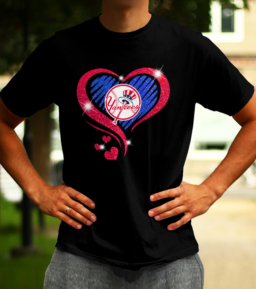 Yankees Shimmering Heart Design With Baseball Logo And Sparkling Red And Blue Elements T-Shirt