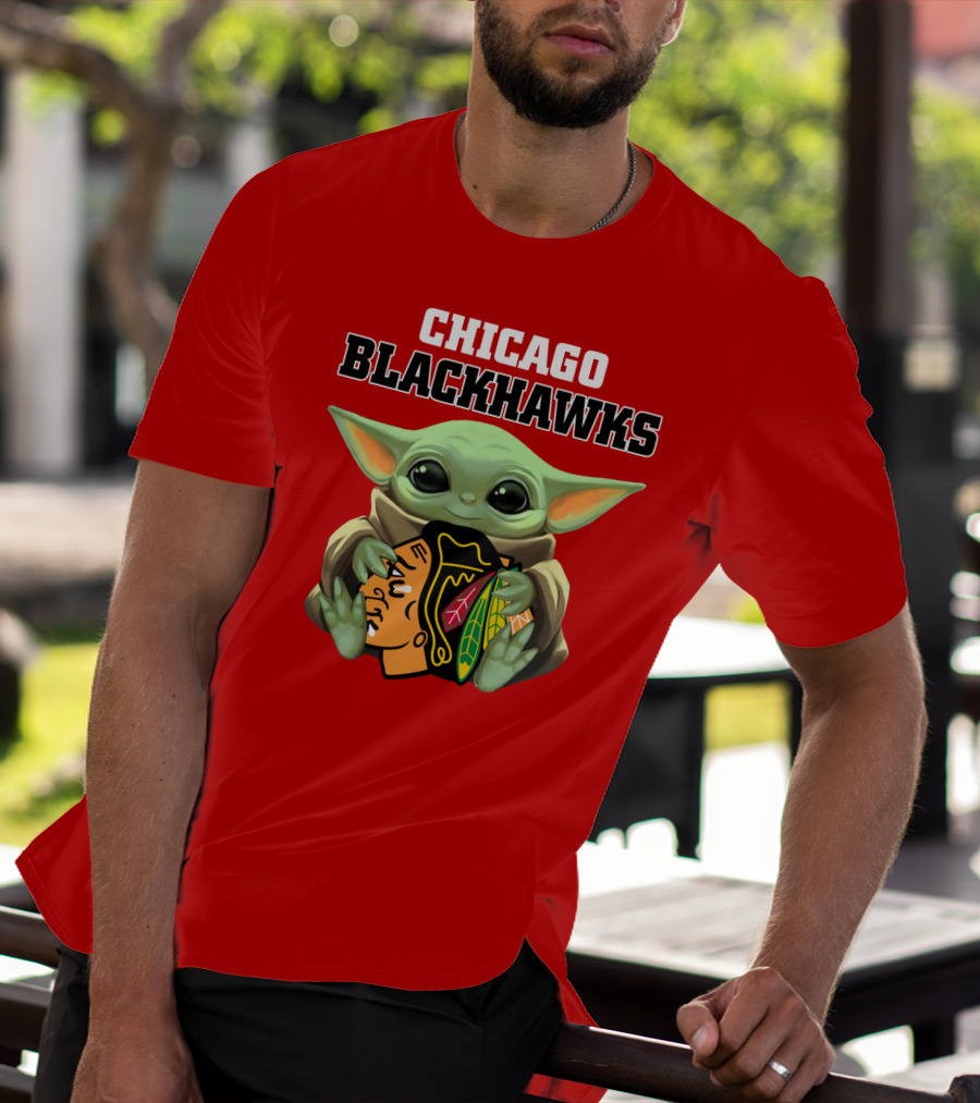 Chicago Blackhawks Baby Yoda Hugging Team T-Shirt