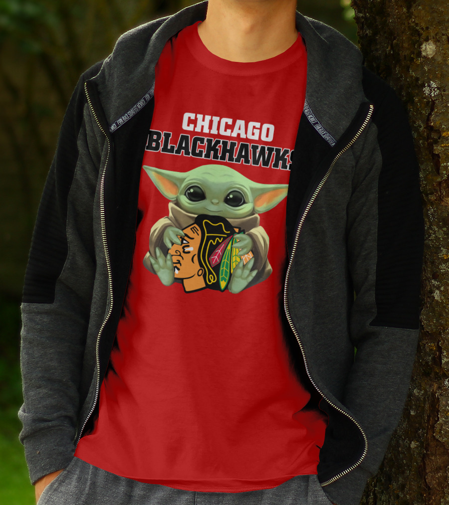 Chicago Blackhawks Baby Yoda Hugging Team T-Shirt
