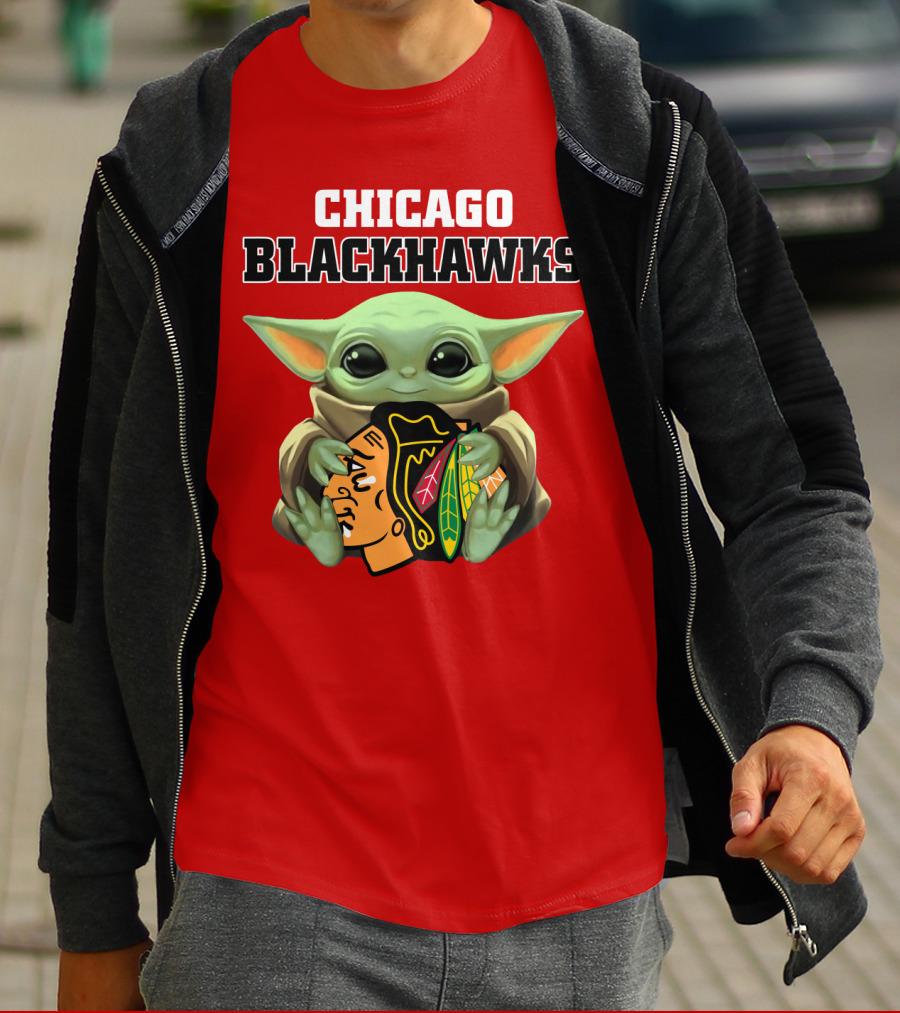 Chicago Blackhawks Baby Yoda Hugging Team T-Shirt