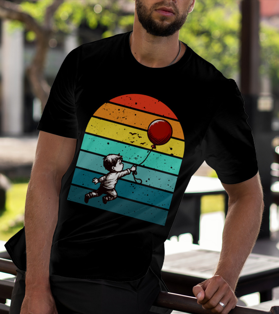 Childhood Nostalgia Boy With Balloon Rainbow Stripes T-Shirt