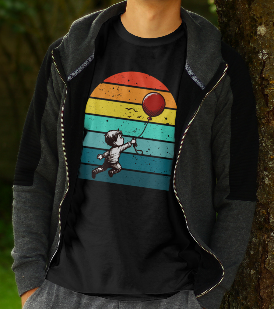 Childhood Nostalgia Boy With Balloon Rainbow Stripes T-Shirt
