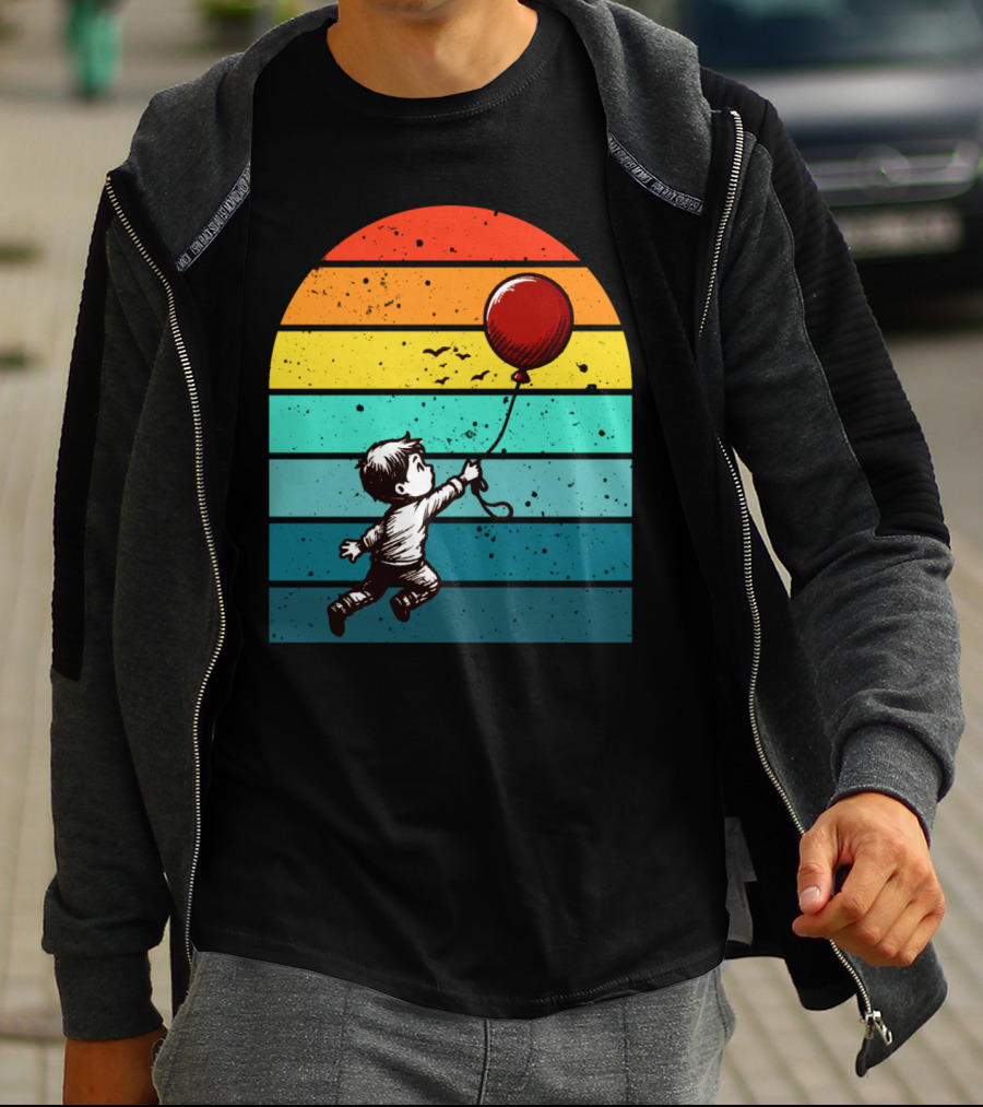 Childhood Nostalgia Boy With Balloon Rainbow Stripes T-Shirt