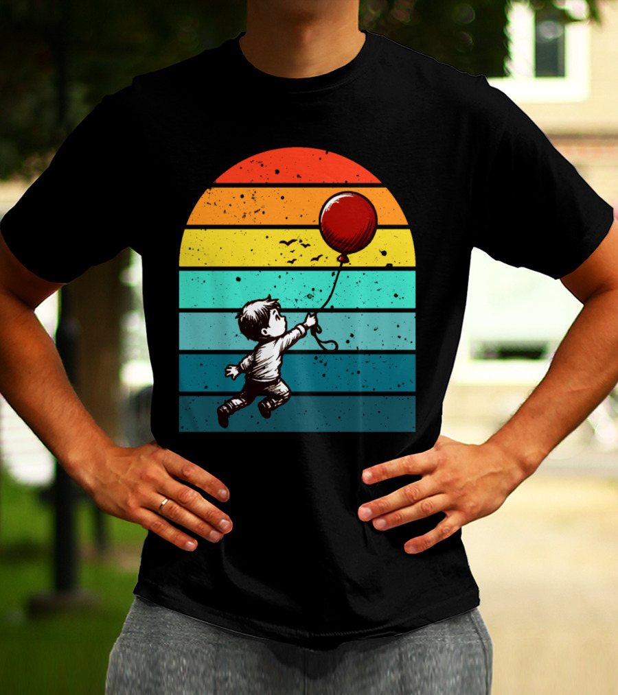 Childhood Nostalgia Boy With Balloon Rainbow Stripes T-Shirt