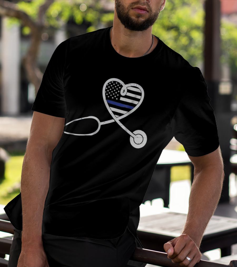 Thin Blue Line Nurse Wife Police Officer Heart Support Love T-Shirt