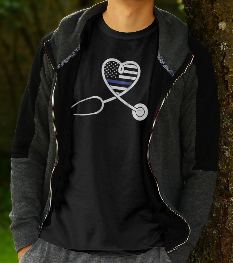 Thin Blue Line Nurse Wife Police Officer Heart Support Love T-Shirt