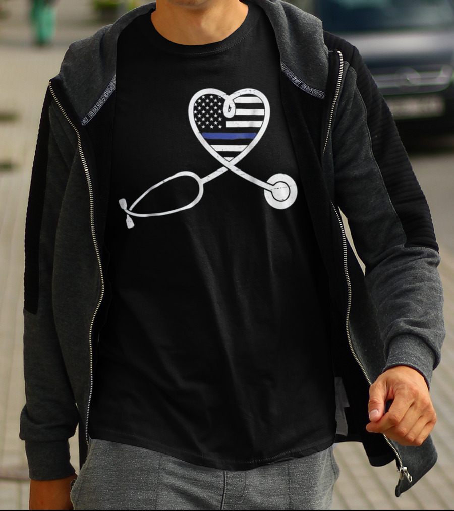 Thin Blue Line Nurse Wife Police Officer Heart Support Love T-Shirt