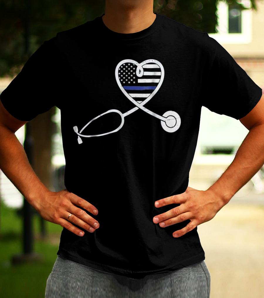Thin Blue Line Nurse Wife Police Officer Heart Support Love T-Shirt