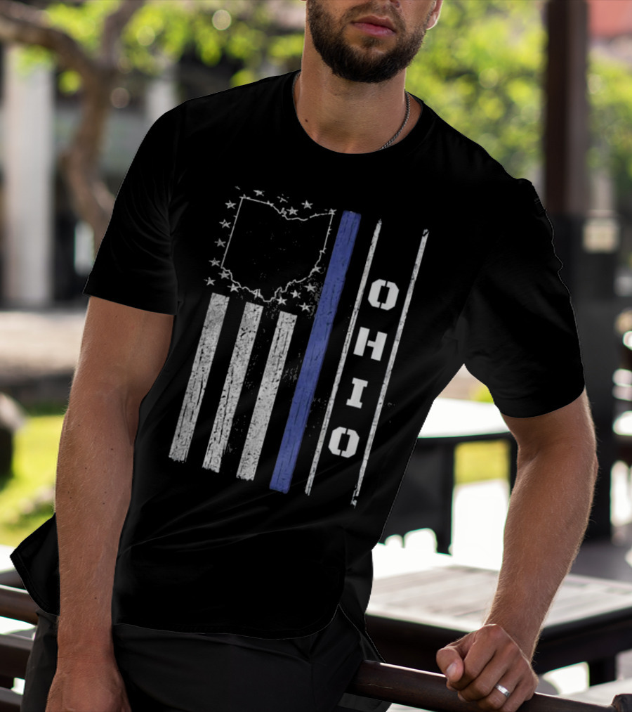 Ohio Thin Blue Line Flag With State Outline And Stars T-Shirt