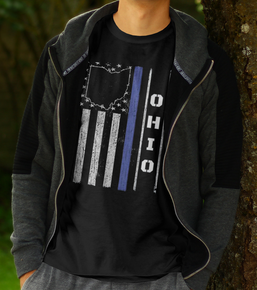 Ohio Thin Blue Line Flag With State Outline And Stars T-Shirt