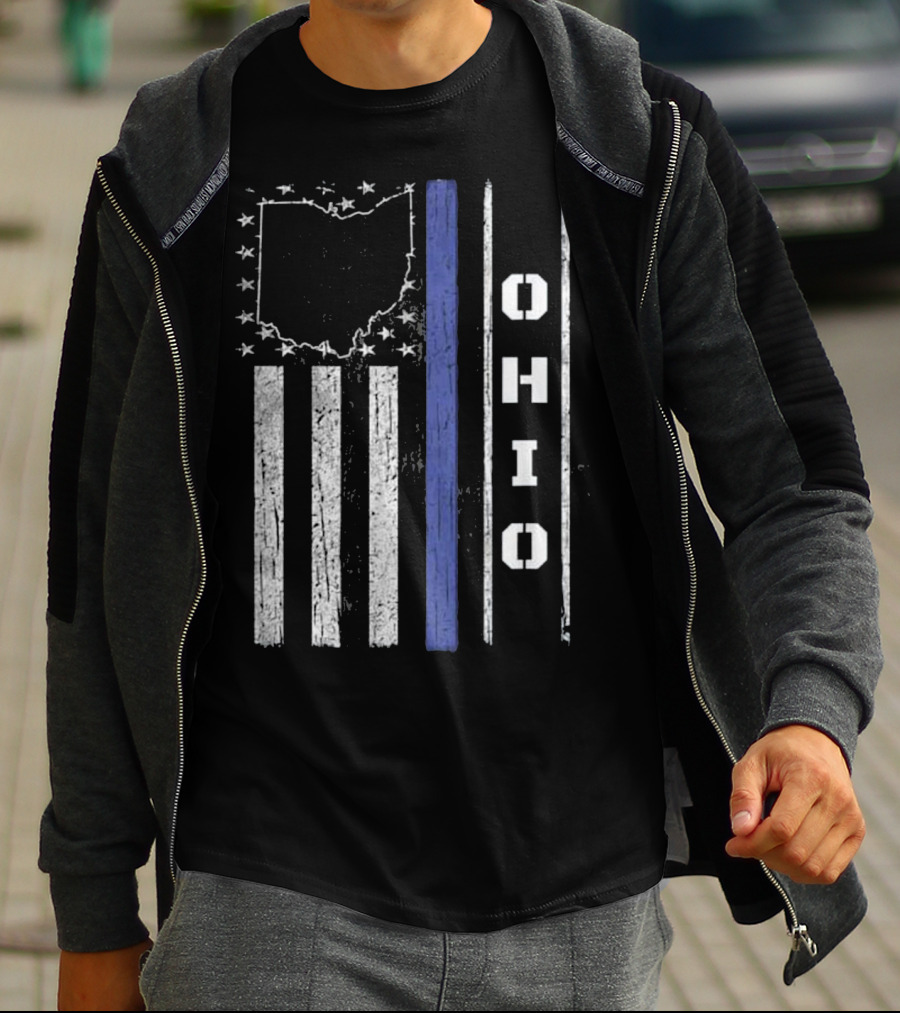 Ohio Thin Blue Line Flag With State Outline And Stars T-Shirt