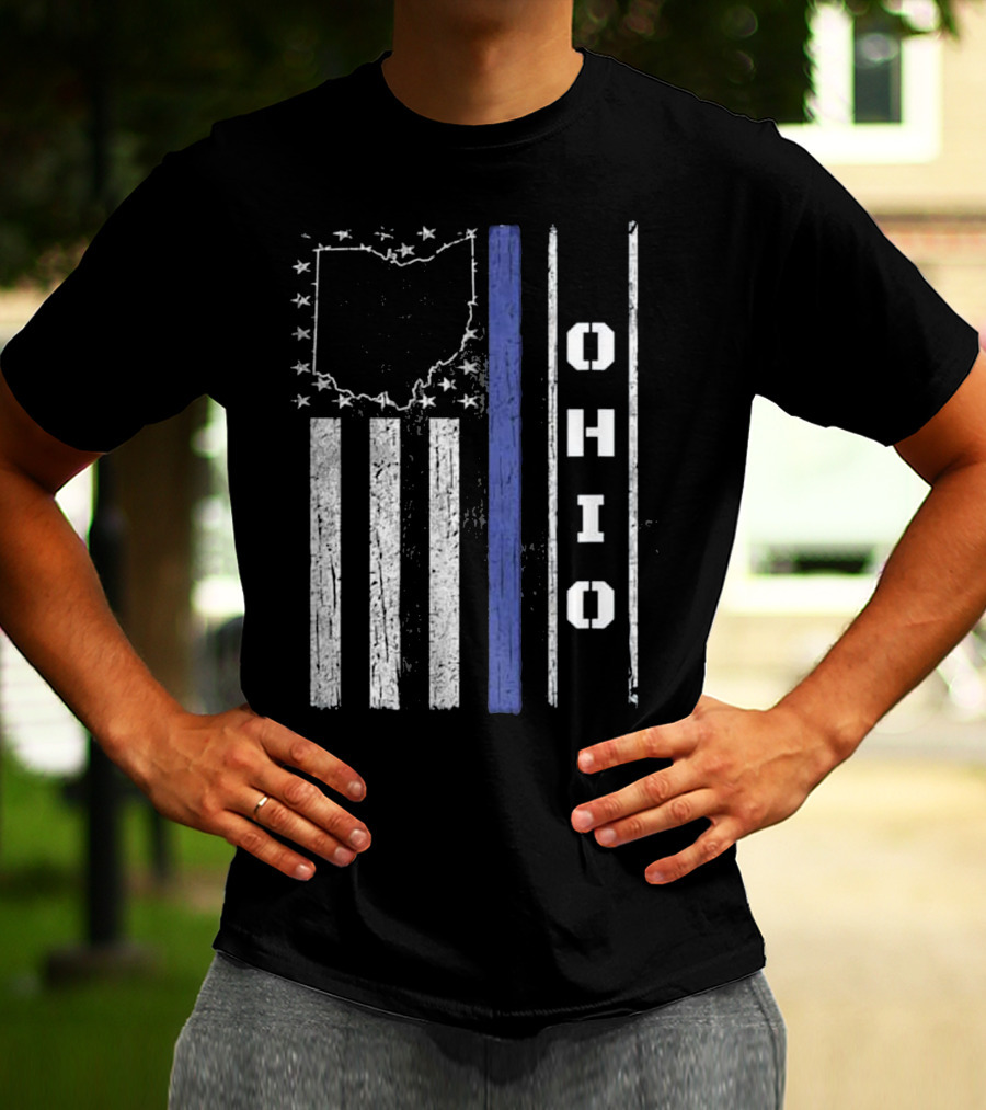 Ohio Thin Blue Line Flag With State Outline And Stars T-Shirt