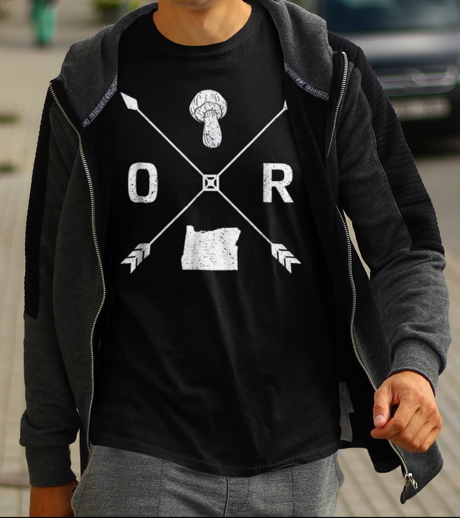Oregon Morel Mushroom Hunting Graphic Map And Arrow X T-Shirt