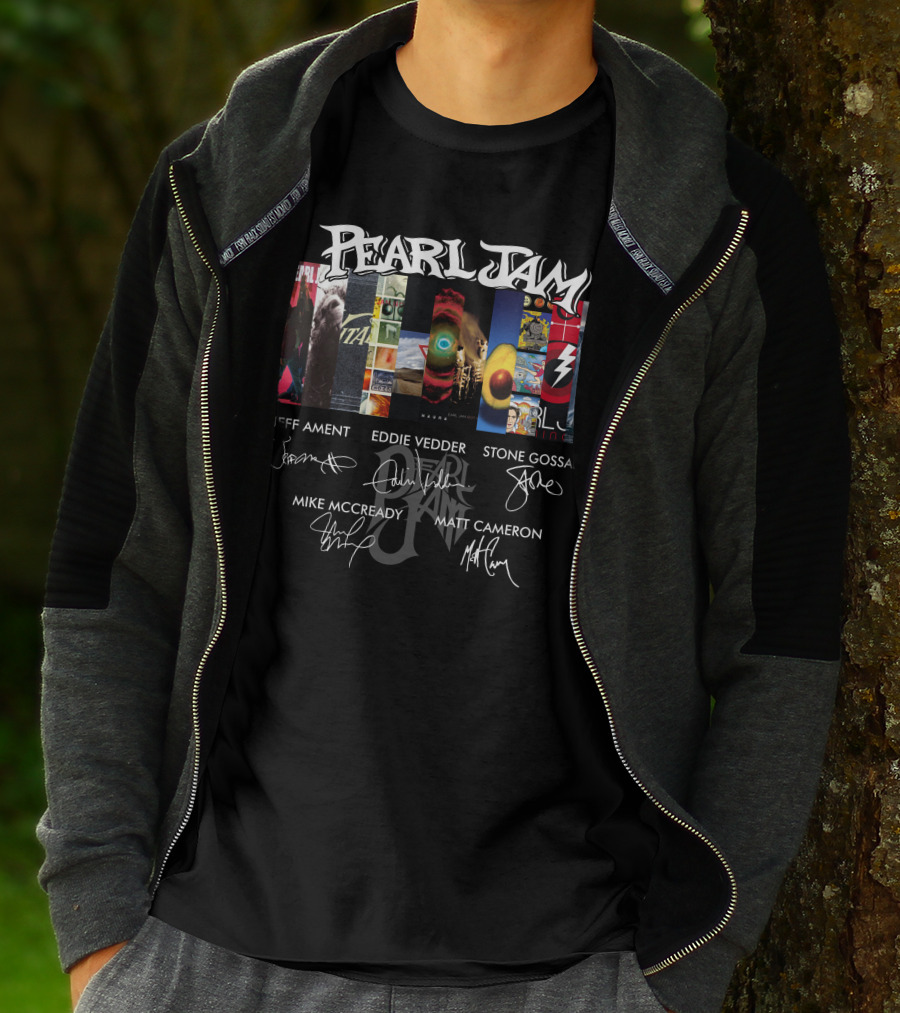 Pearl Jam Album Art Collage With Band Member Signatures T-Shirt