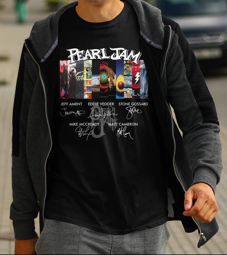 Pearl Jam Album Art Collage With Band Member Signatures T-Shirt