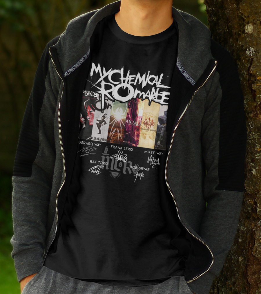 My Chemical Romance Album Collage Gerard Way Frank Iero Mikey Way Ray Toro Bob Bryar Signatures T-Shirt