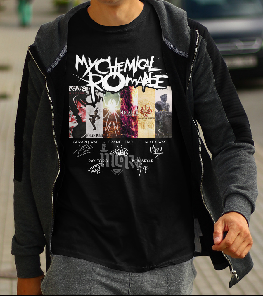 My Chemical Romance Album Collage Gerard Way Frank Iero Mikey Way Ray Toro Bob Bryar Signatures T-Shirt