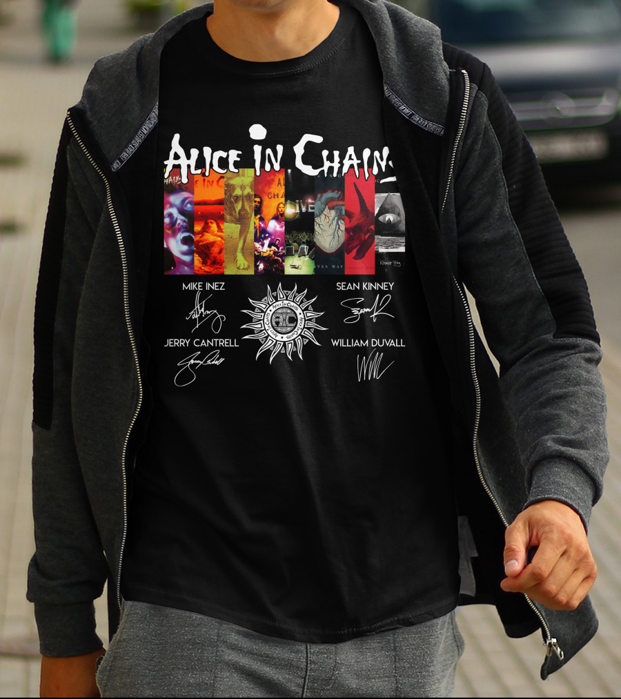 Alice In Chains Album Covers Signatures Mike Inez Sean Kinney Jerry Cantrell William Duvall T-Shirt