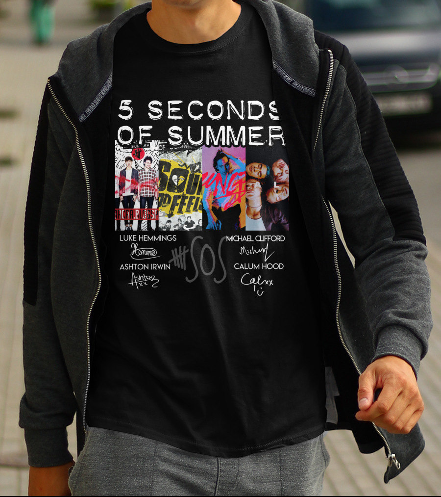 Seconds Of Summer 5Sos Luke Hemmings Michael Clifford Calum Hood Ashton Irwin Signed T-Shirt