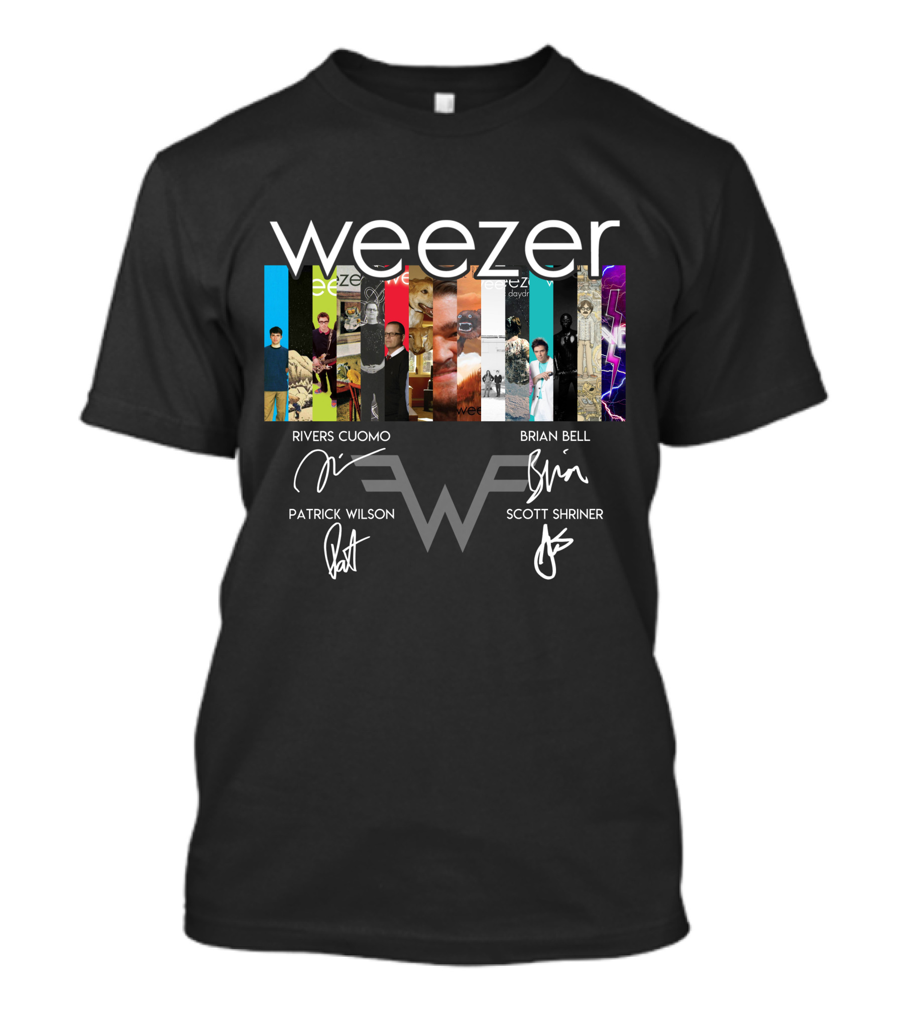 Weezer Album Collection Signatures Rivers Cuomo Brian Bell Patrick Wilson Scott Shriner T-Shirt