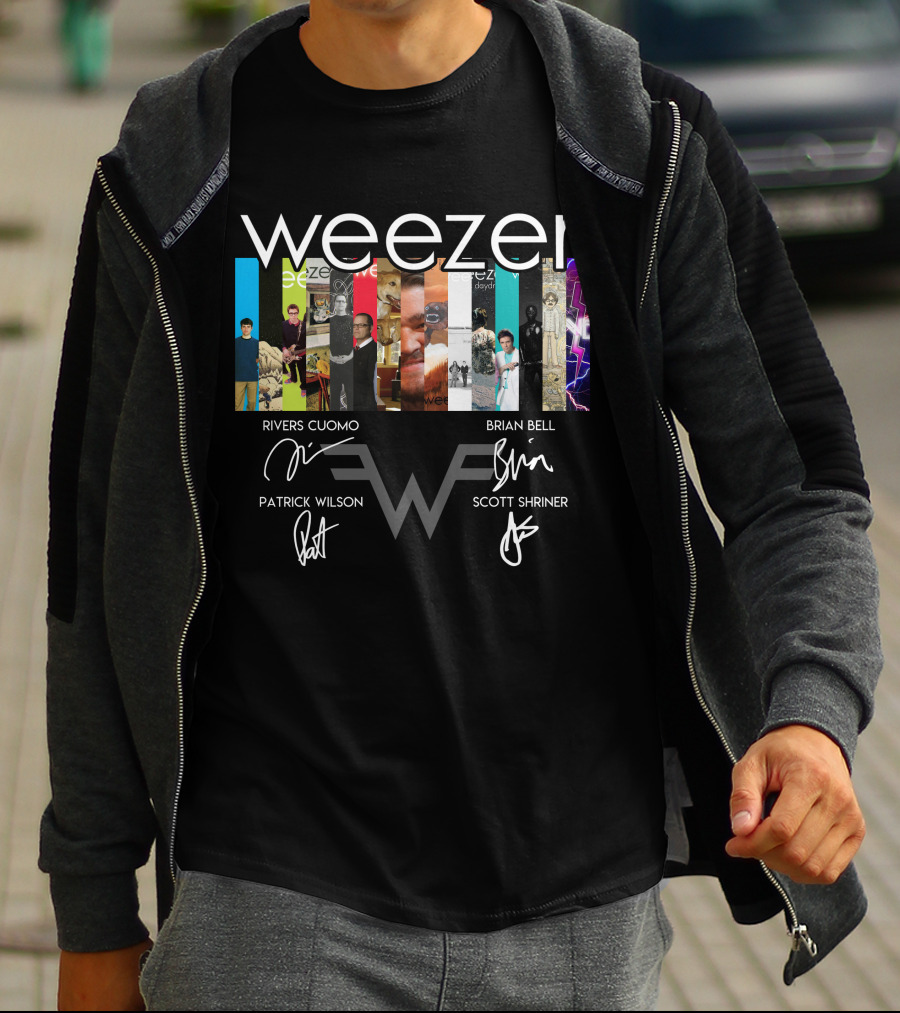 Weezer Album Collection Signatures Rivers Cuomo Brian Bell Patrick Wilson Scott Shriner T-Shirt