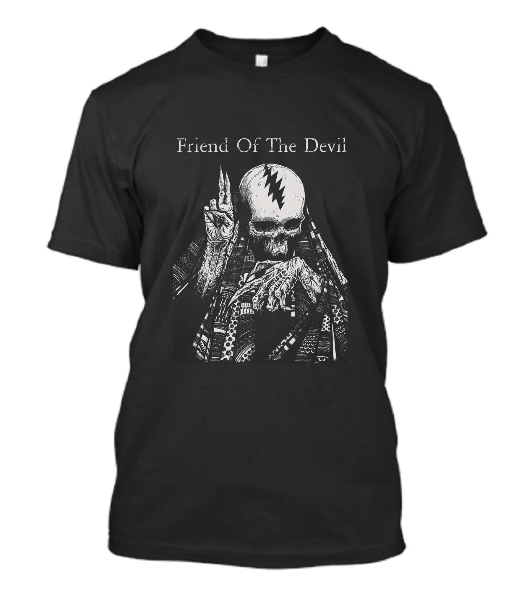 Friend Of The Devil Skeleton With Lightning Bolt Skull T-Shirt