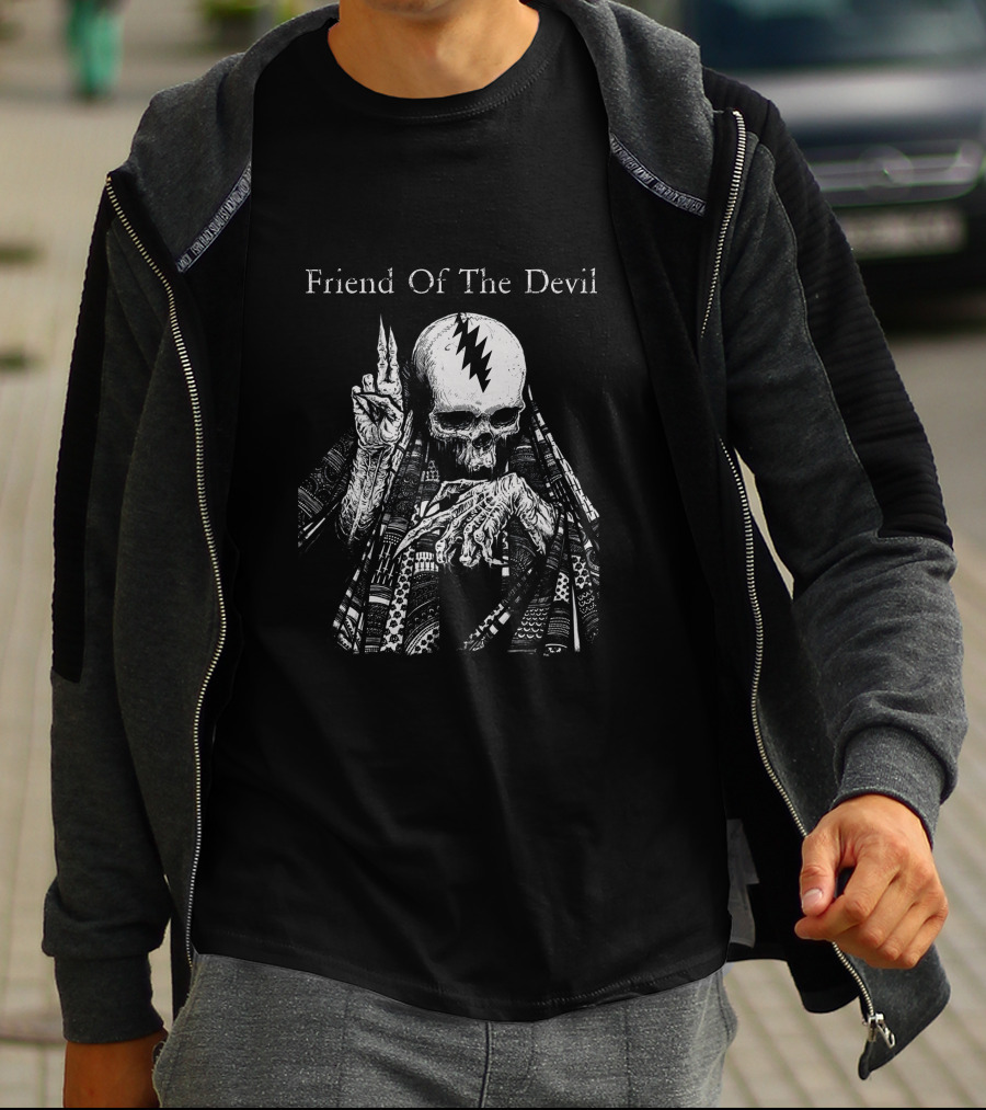 Friend Of The Devil Skeleton With Lightning Bolt Skull T-Shirt