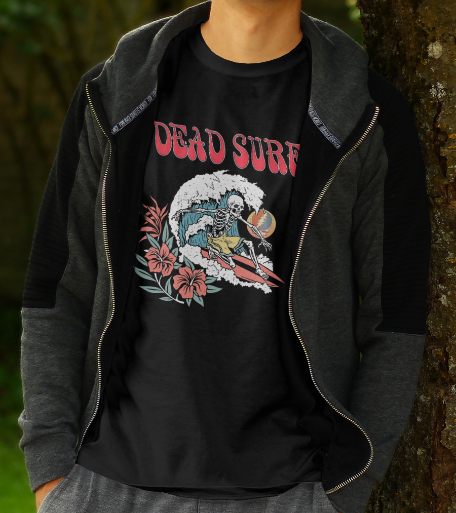 Dead Surf Skeleton Riding Wave With Hibiscus Flowers And Full Moon T-Shirt