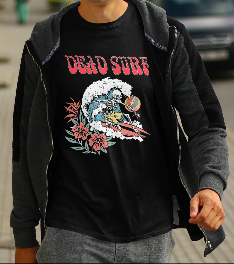 Dead Surf Skeleton Riding Wave With Hibiscus Flowers And Full Moon T-Shirt