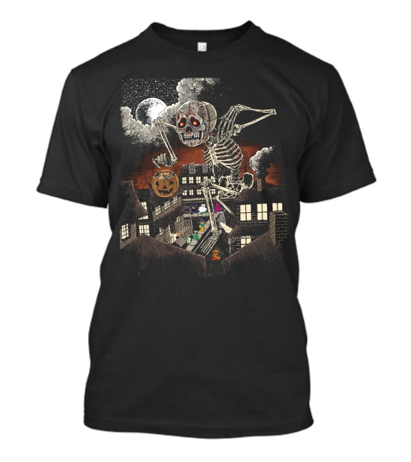 Halloween Skeleton Monster Under Full Moon With Pumpkin Over Houses T-Shirt