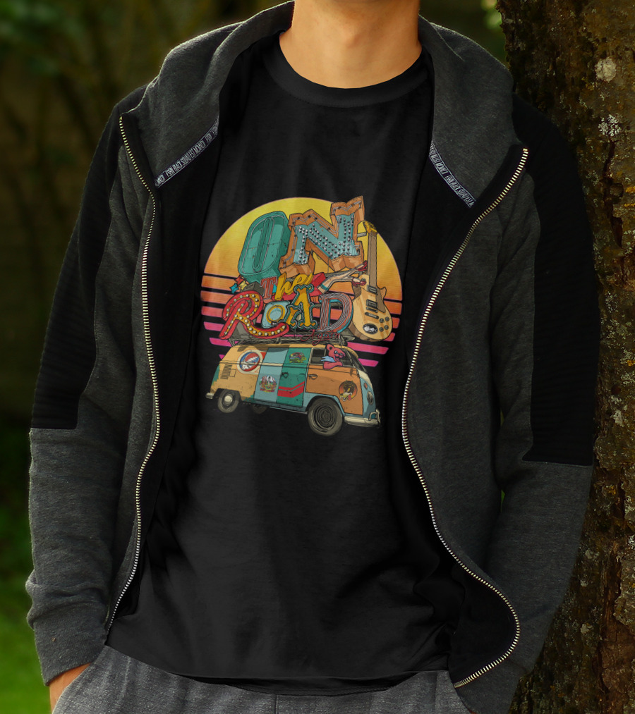 On The Road Retro Sunset Van And Guitar Adventure T-Shirt
