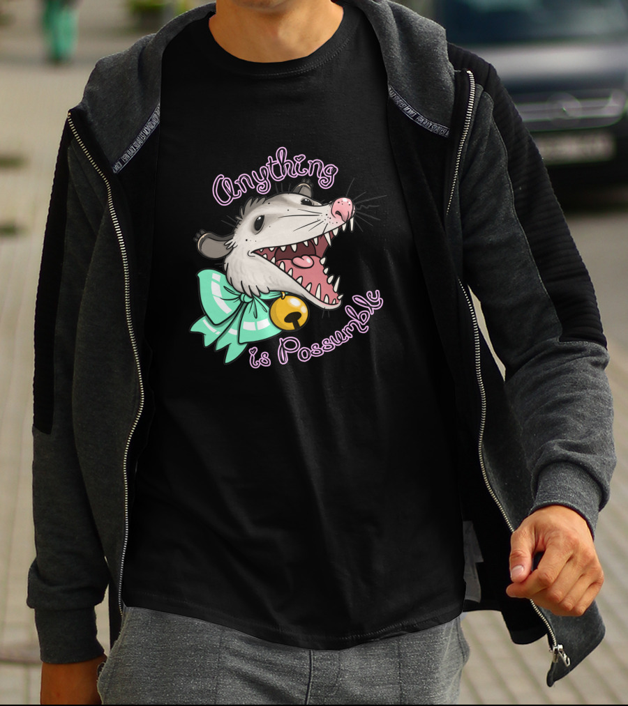 Anything Is Possumble Cute Cartoon Opossum With Bow And Bell T-Shirt