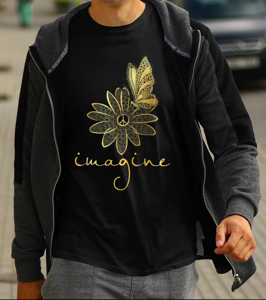 Imagine Flower Butterfly Peace Mandala T-Shirt