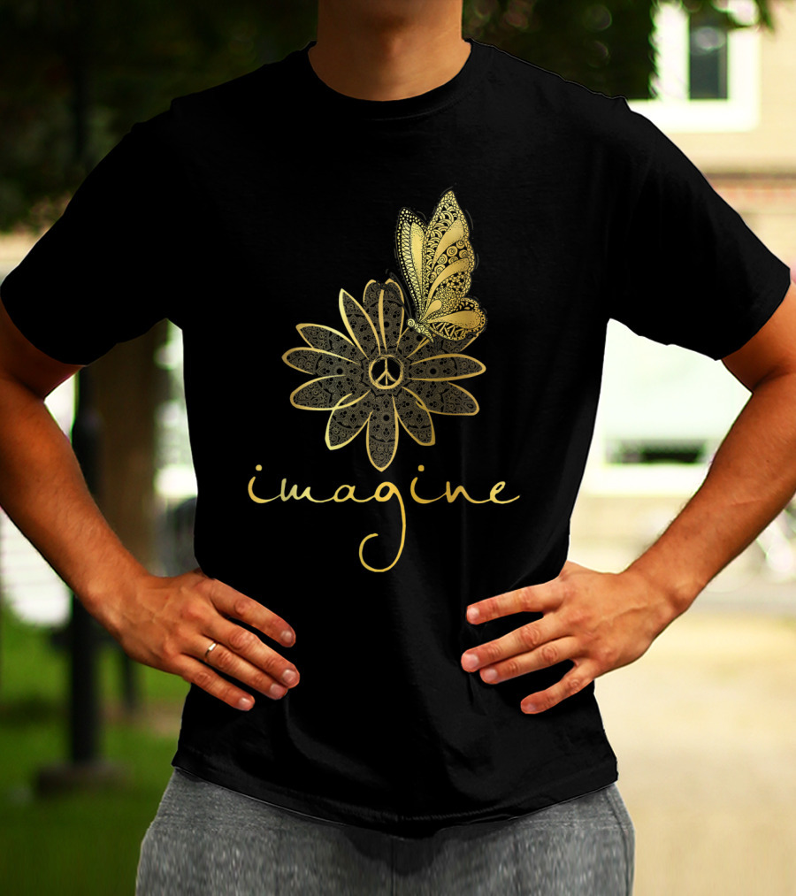 Imagine Flower Butterfly Peace Mandala T-Shirt