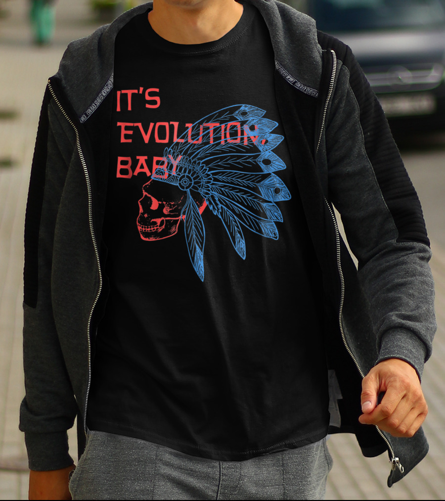 It's Evolution Baby Skull With Feathered Headdress Grunge T-Shirt